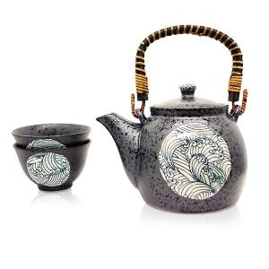 Japanese Wave Blue Tea Set - Teapot + 2 Cup Set 600ml